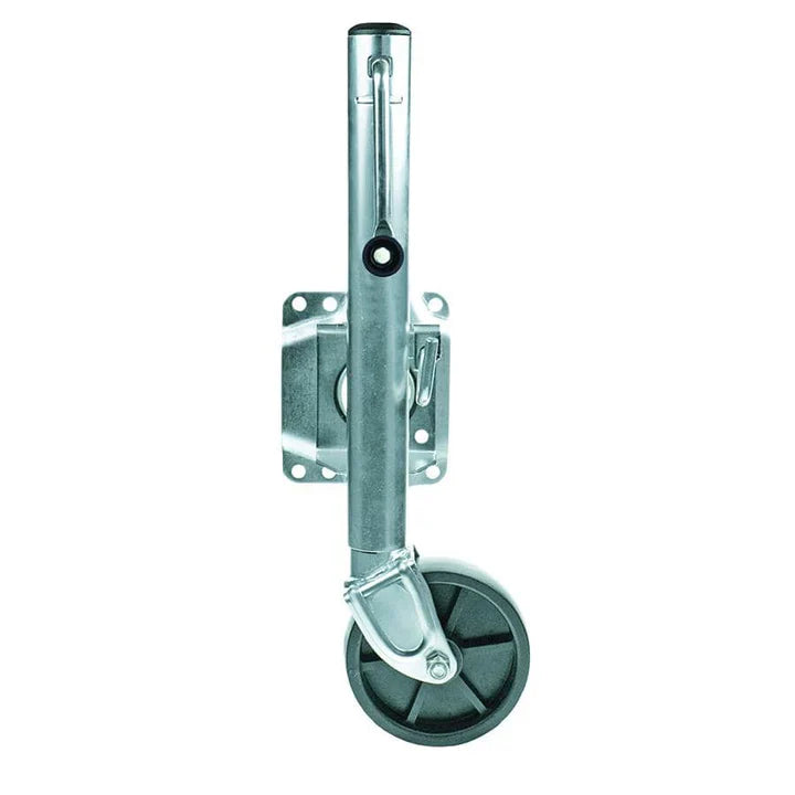 Fold-up swivel trailer jack with 6 in wheel, galvanized steel construction and mounting plate.