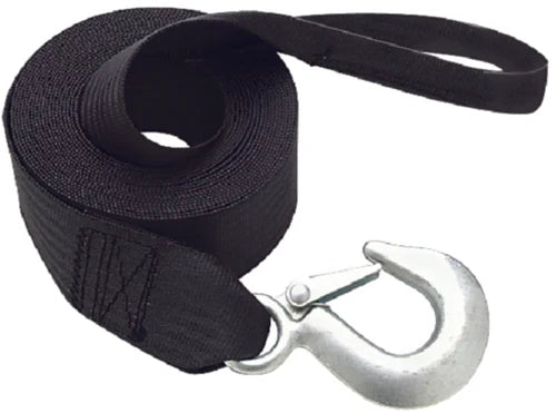 Sea-Doo Outlet PWC winch strap with loop end, black nylon 2in x 12ft tow strap with metal hook.