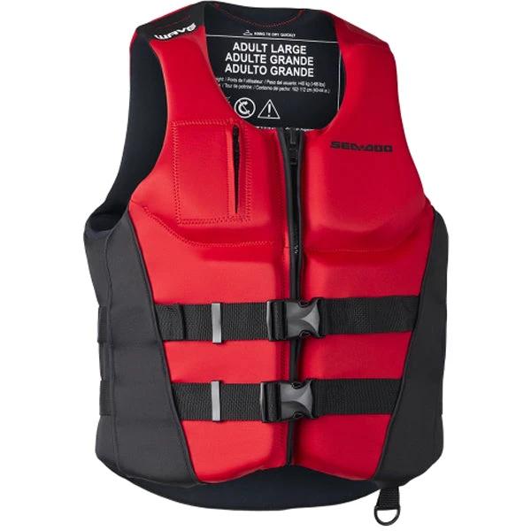 Sea-Doo Wave life jacket PFD, red with black panels, adult large, adjustable buckles