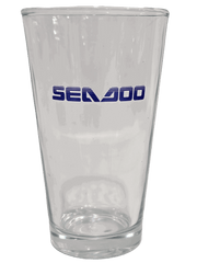 Sea-Doo pint glass, clear 16 oz beer glass featuring blue Sea-Doo logo.