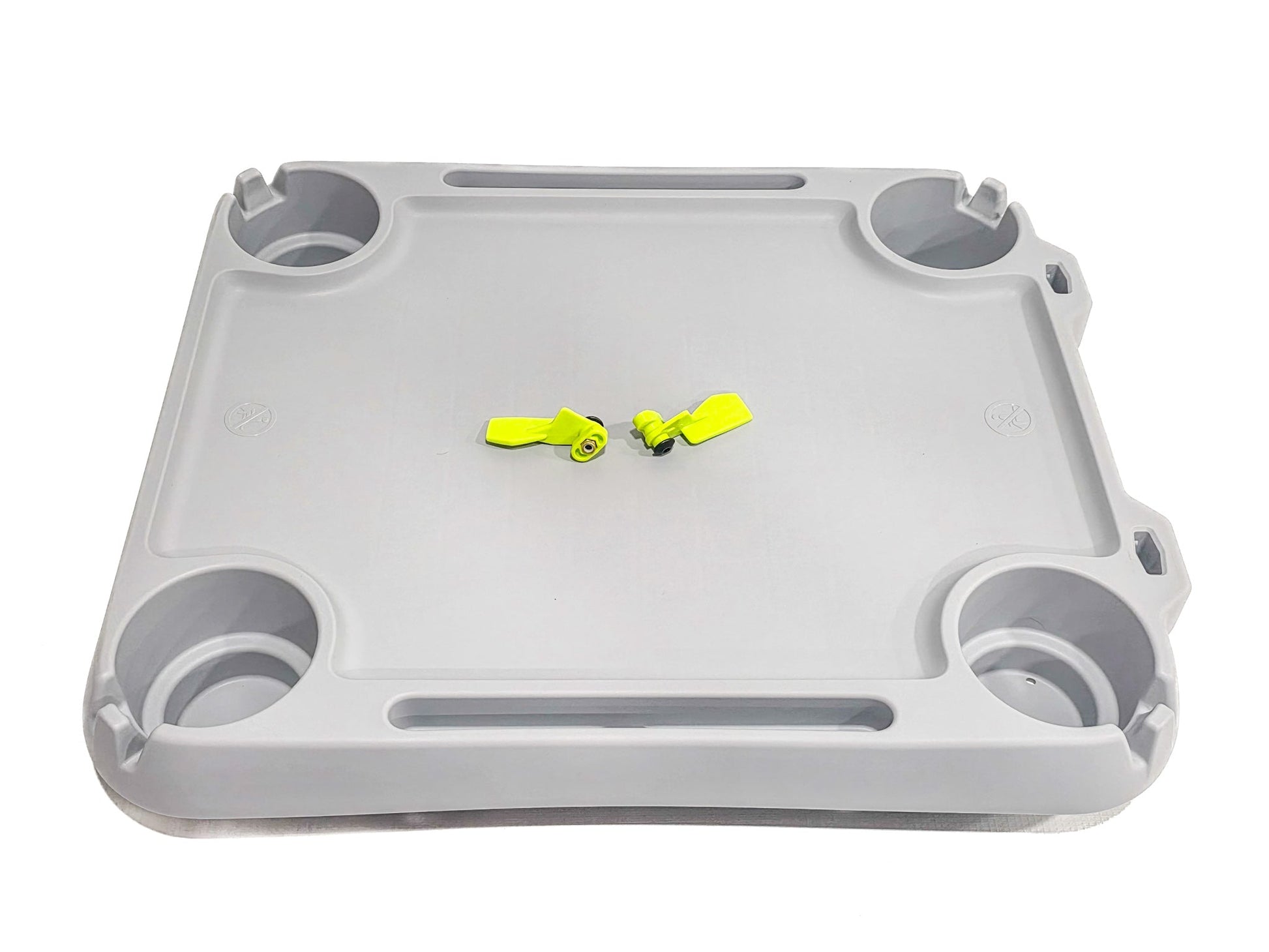 Sea-Doo Switch Table Top Kit, gray plastic tray with four cup holders and two yellow clamps
