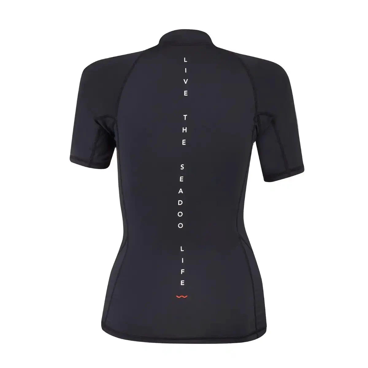 Sea-Doo women's signature short-sleeve rashguard, black, back view with vertical LIVE THE SEA DOO LIFE.