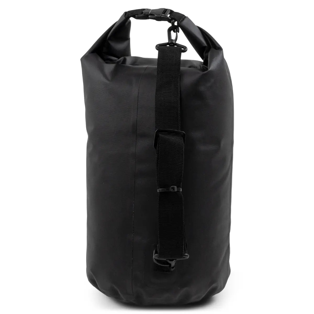 Sea-Doo waterproof dry bag, 6.6 gal, black with roll-top closure and adjustable strap.