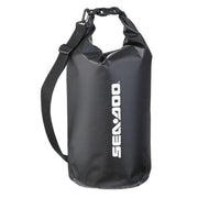 Sea-Doo waterproof dry bag, 6.6 gal, black with white logo and adjustable shoulder strap
