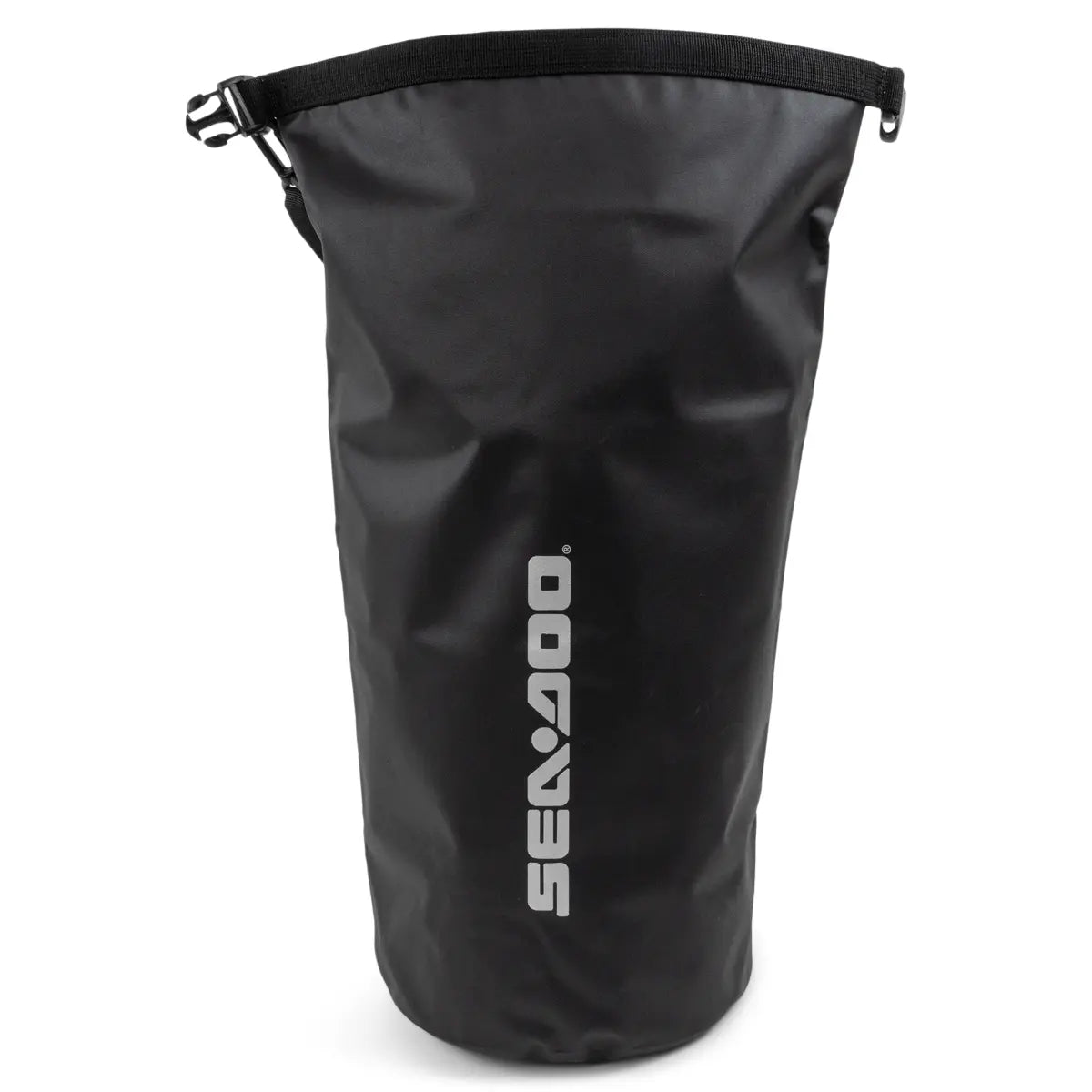 Sea-Doo waterproof dry bag, black 6.6 US gal, roll-top closure with strap, Sea-Doo logo visible in white