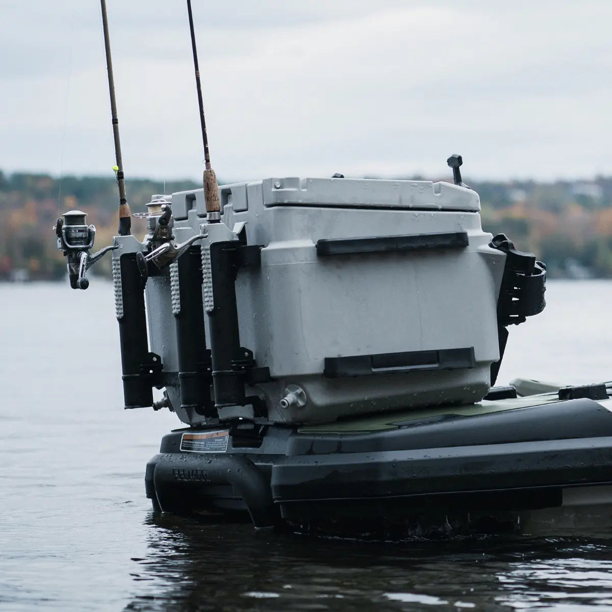 Sea-Doo LinQ Rod Holder set: three black holders mounted on a gray cooler with fishing rods