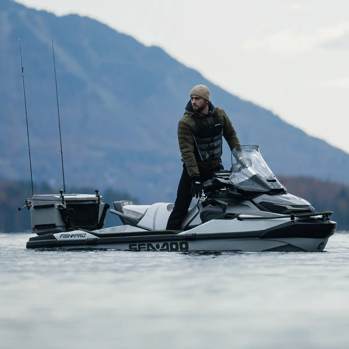 Sea-Doo LinQ Cooler 13.5 US Gal, double-latch, mounted on a Sea-Doo jet ski