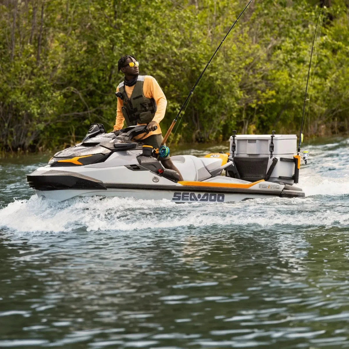 Sea-Doo LinQ Cooler 13.5 US Gal with double latches mounted on back of Sea-Doo jet ski