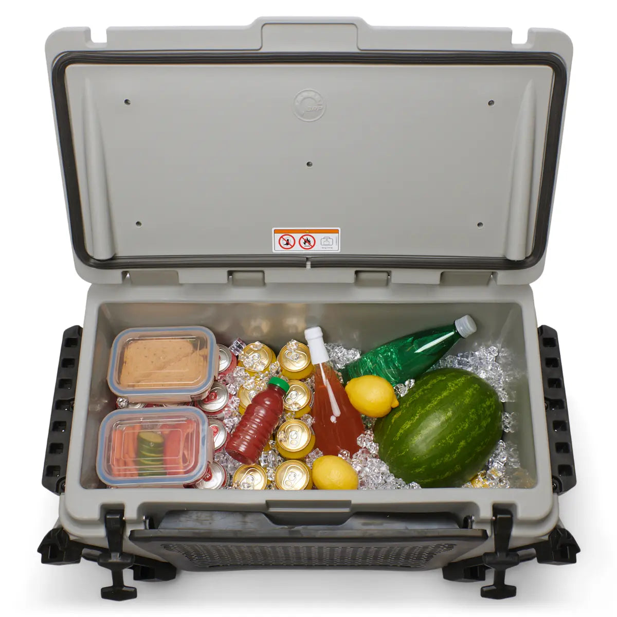 Sea-Doo LinQ Cooler 13.5 gal, gray hard-shell with double latches, open with ice and beverages