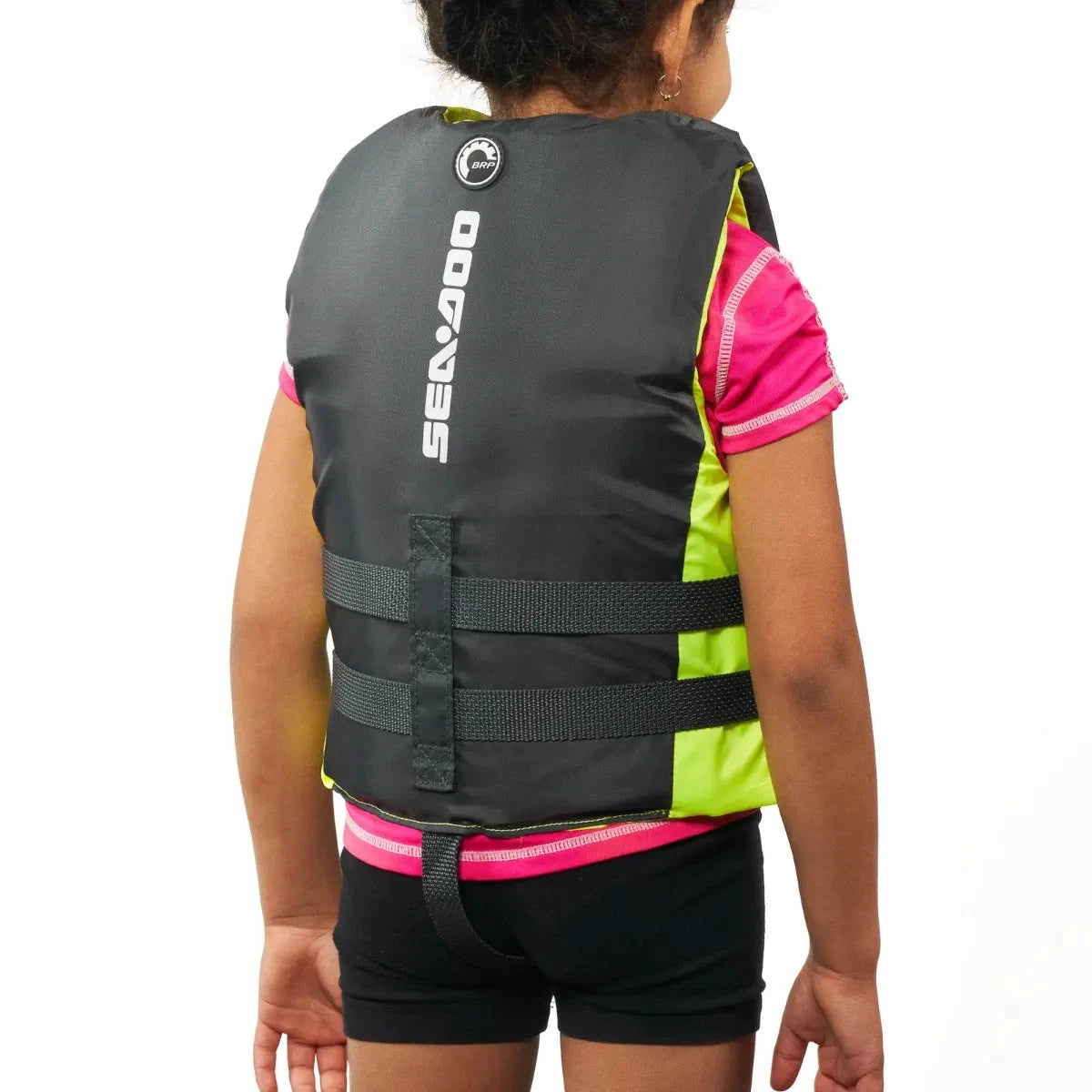 Sea-Doo Kids' Sandsea PFD Life Jacket; dark gray with lime-green sides, black adjustable straps, BRP Sea-Doo logo