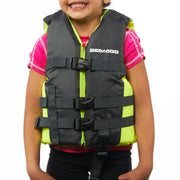 Sea-Doo Kids' Sandsea PFD Life Jacket, dark gray with neon lime panels and multiple buckled straps