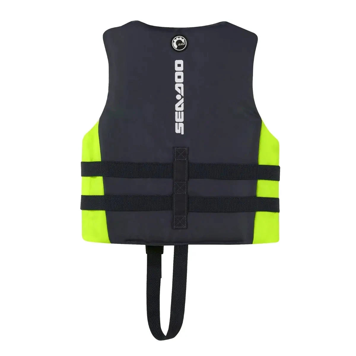 Sea-Doo kids’ Sandsea PFD Life Jacket, navy with neon yellow sides and BRP branding.