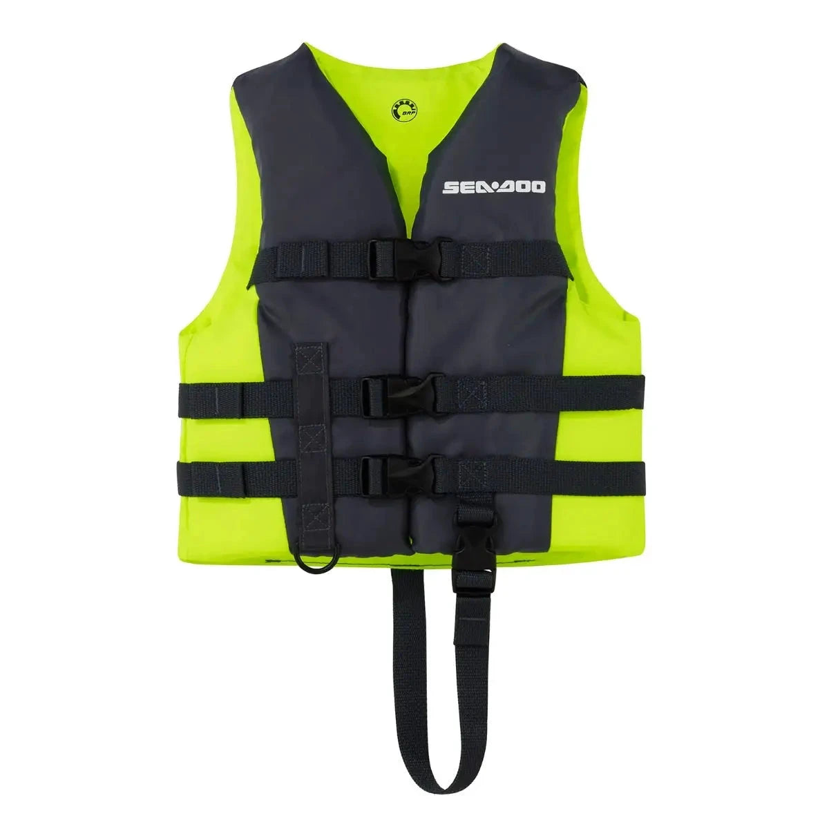 Sea-Doo Kids' Sandsea PFD life jacket in neon yellow with dark gray panels and multiple adjustable black straps.