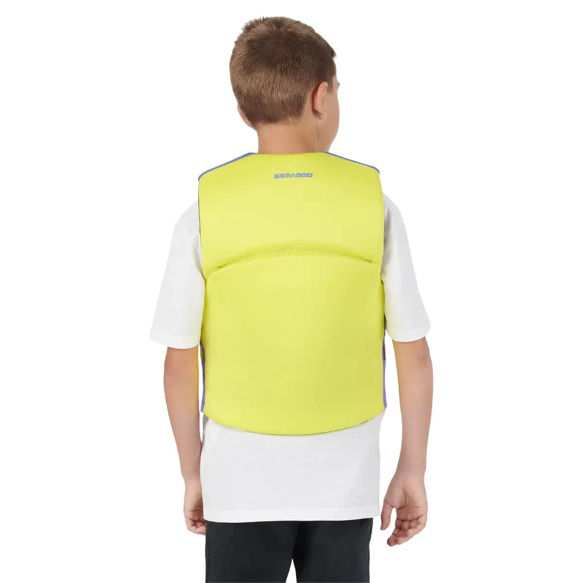 Sea-Doo Junior Freedom PFD Life Jacket, large, neon yellow with blue trim.