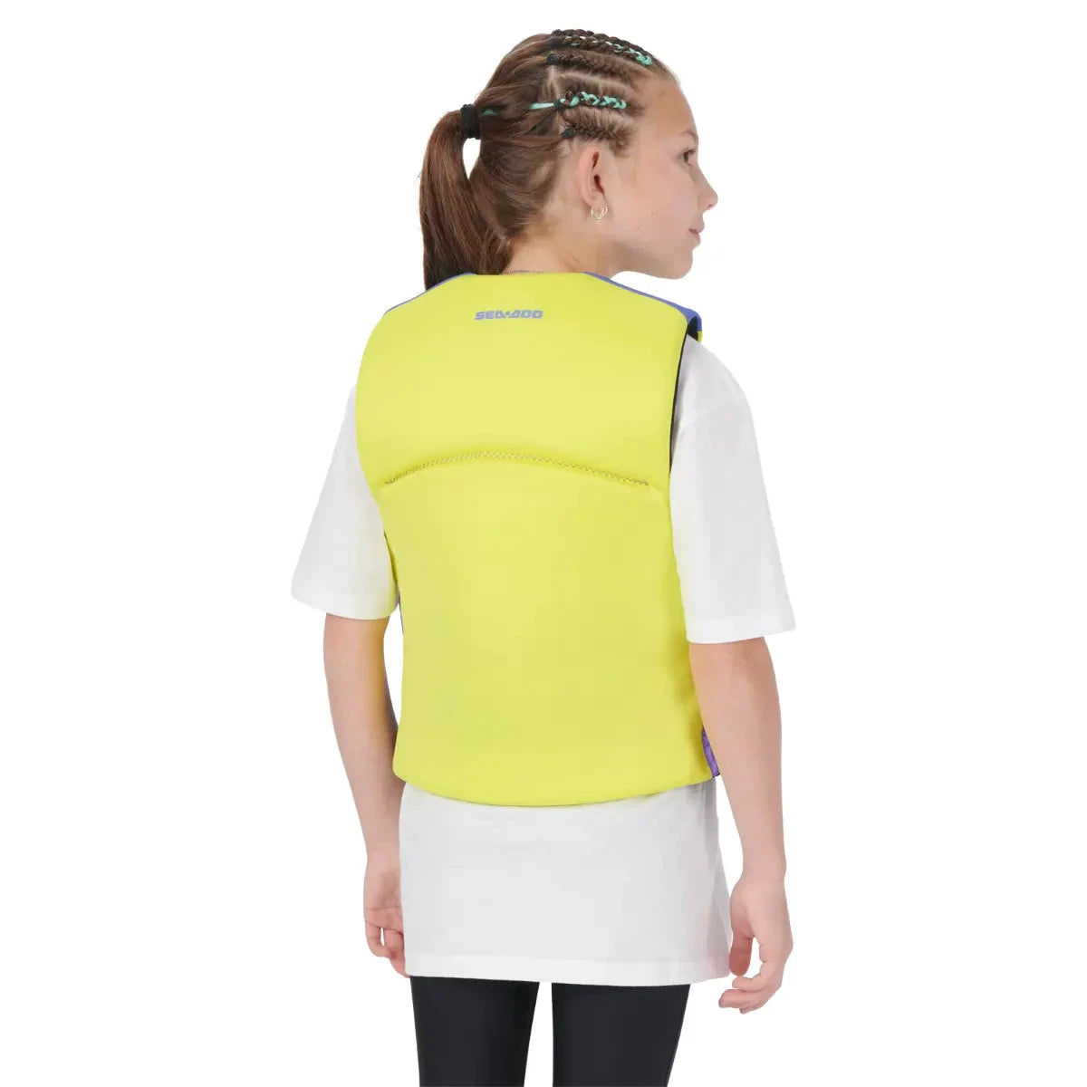 Sea-Doo Junior Freedom PFD Life Jacket, neon yellow, large size, back view