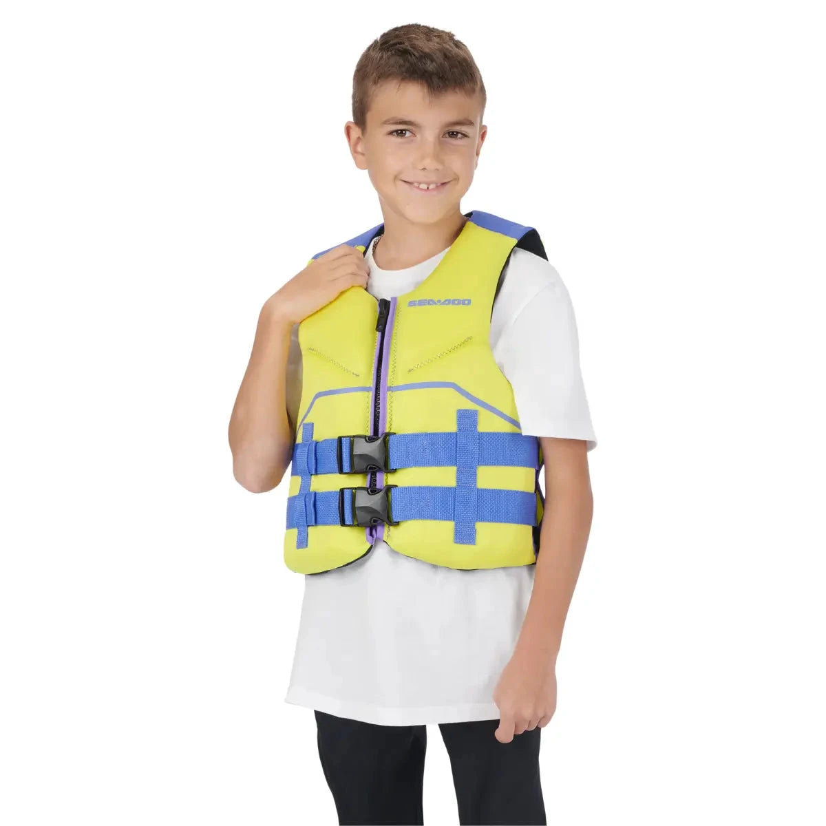 Sea-Doo Junior Freedom PFD Life Jacket in bright yellow with blue straps, Large