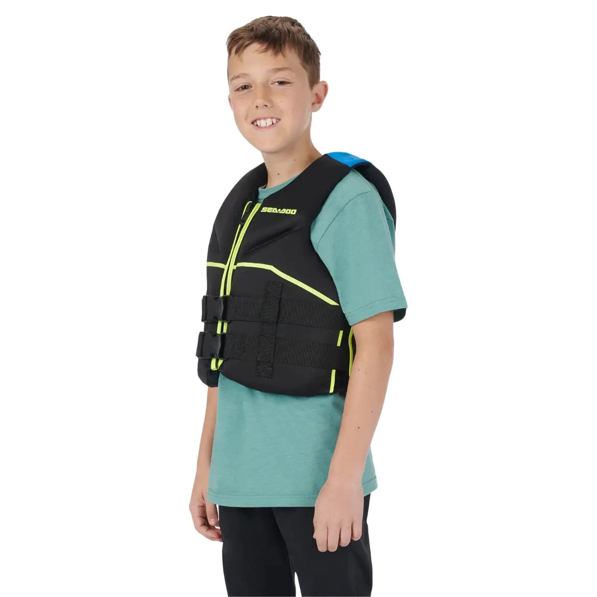 Sea-Doo Junior Freedom PFD life jacket, black with neon lime accents, size large