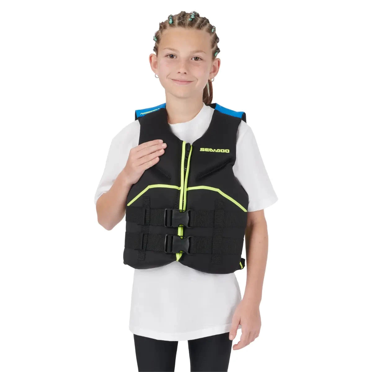 Sea-Doo Junior Freedom PFD Life Jacket, large, black with neon-yellow accents and three-buckle front