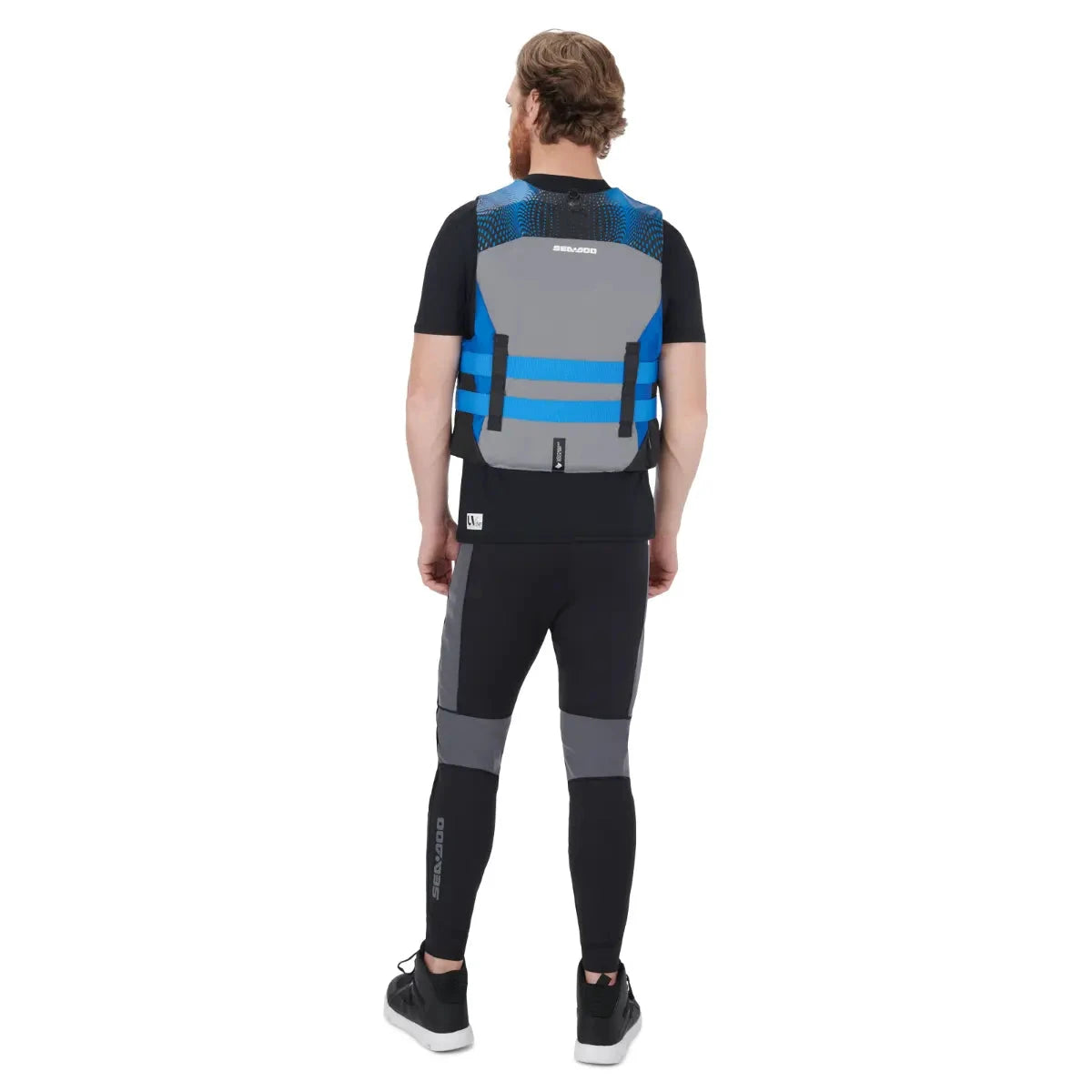 Sea-Doo Motion PFD life jacket grey/blue with blue straps, back view