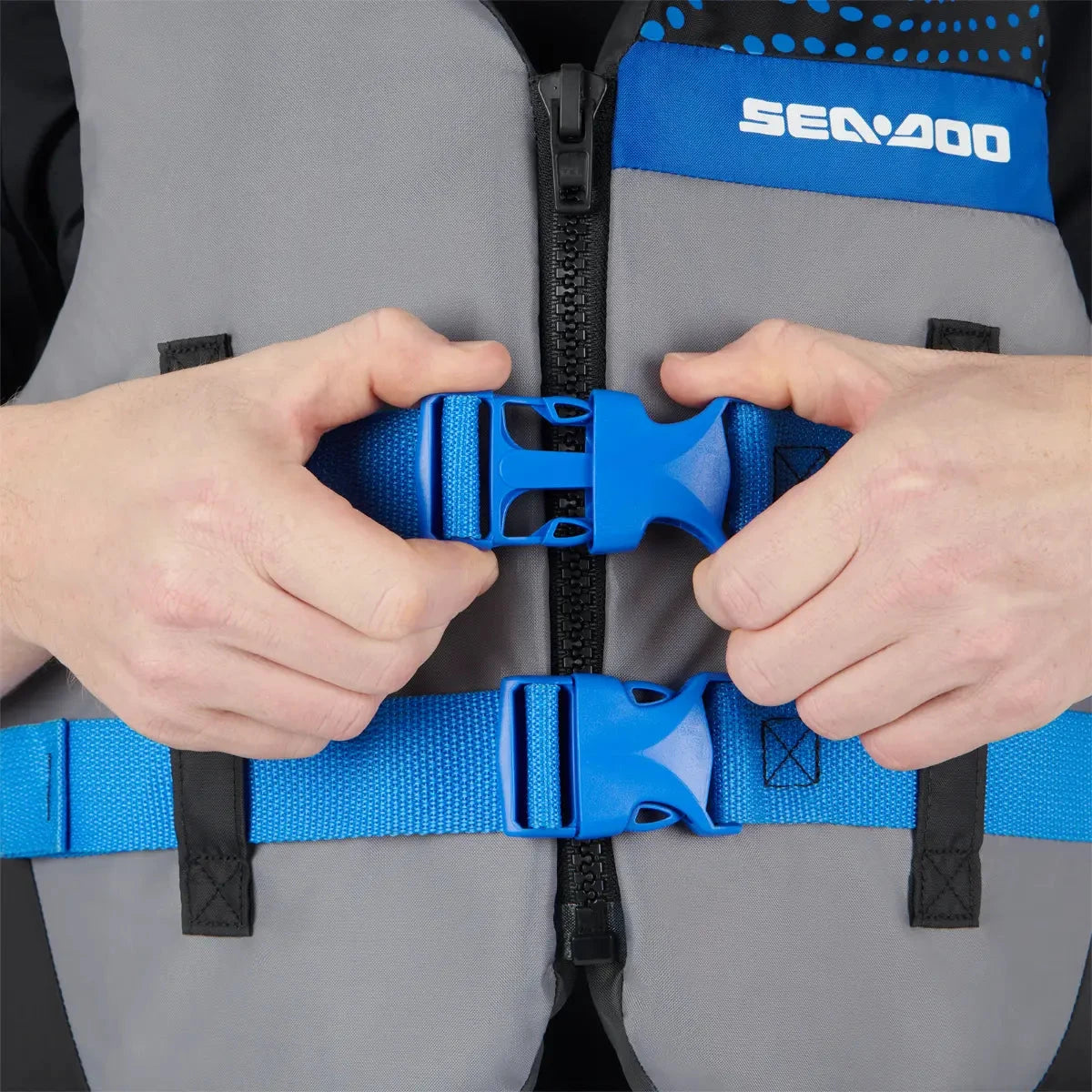Sea-Doo Motion PFD life jacket in grey/blue with blue quick-release buckles