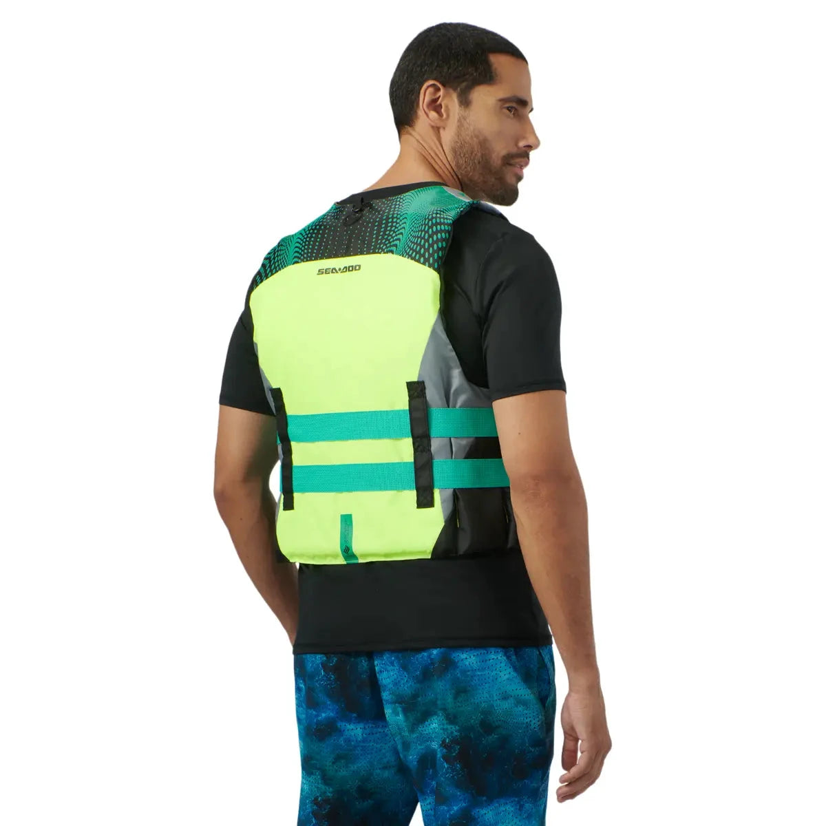 Sea-Doo Motion Life Jacket neon yellow with teal straps, back view.