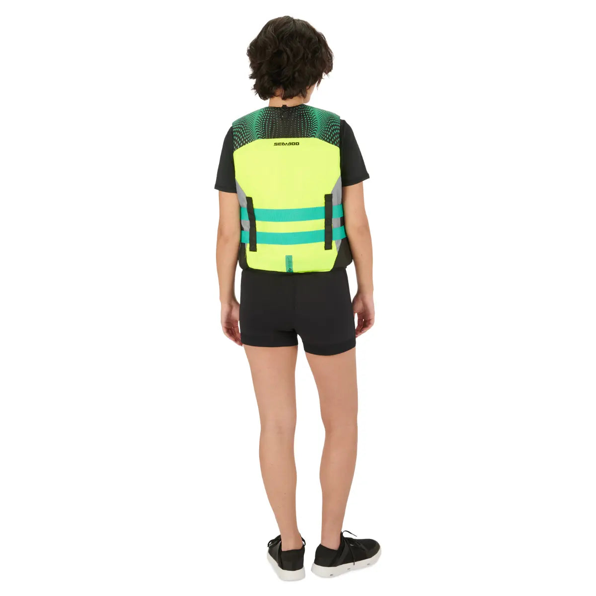 Sea-Doo Motion Life Jacket Yellow PFD with teal straps, back view