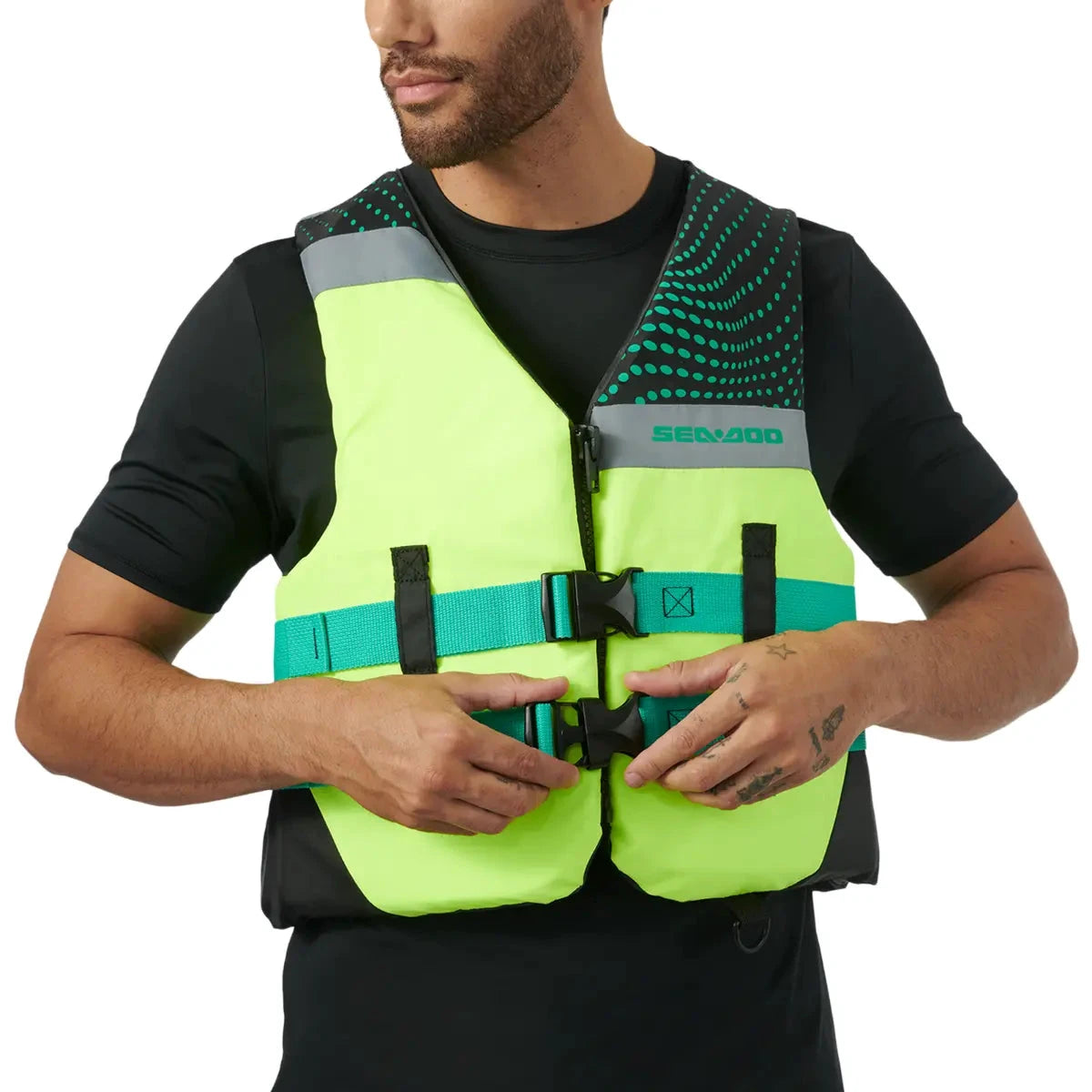 Sea-Doo Motion Life Jacket PFD in neon yellow with teal straps
