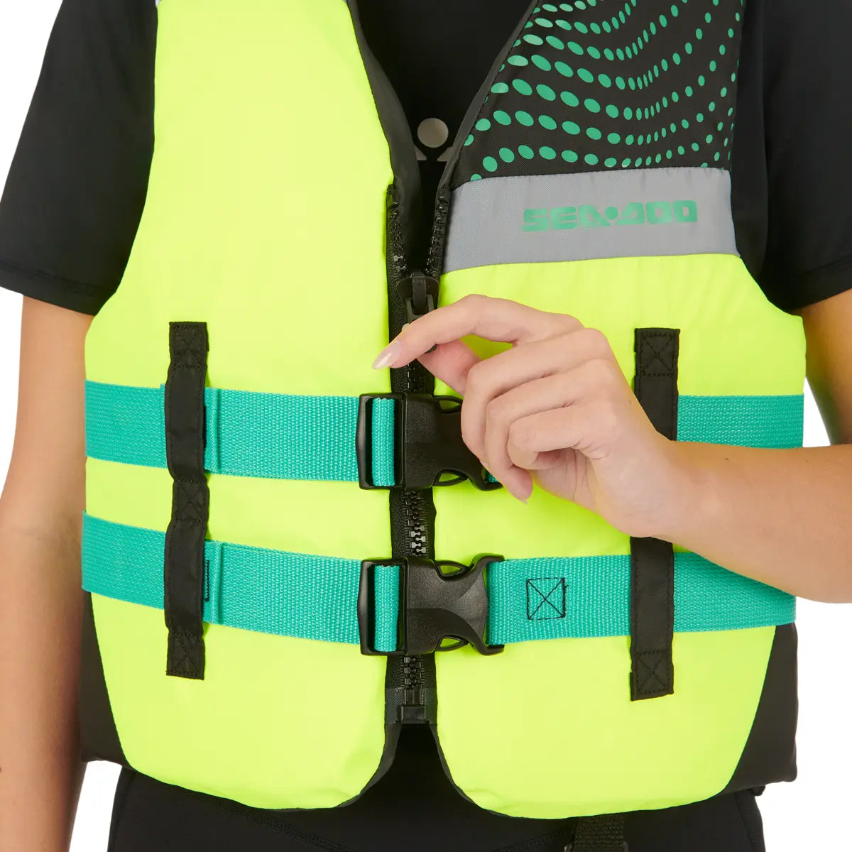 Sea-Doo Motion PFD Life Jacket in neon yellow with teal straps and black buckles