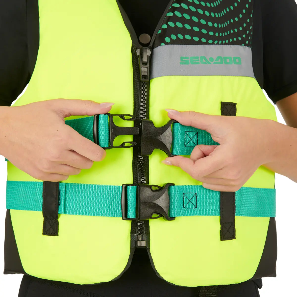 Sea-Doo Motion PFD life jacket in neon yellow with teal adjustable straps and black zipper