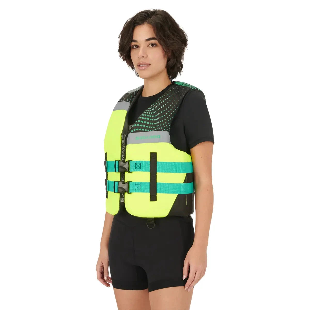 Sea-Doo Motion PFD Life Jacket, high-visibility yellow with teal straps, Sea-Doo Outlet