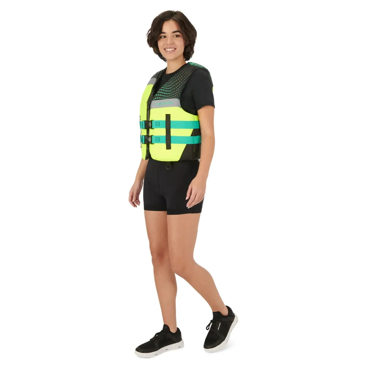 Sea-Doo Motion Life Jacket PFD in neon yellow with teal straps worn by a model