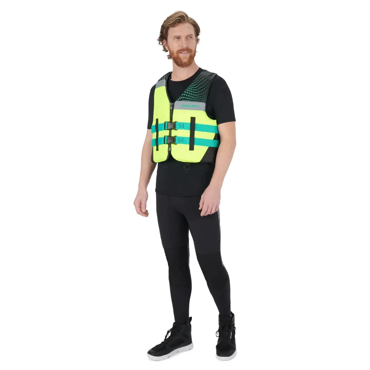 Sea-Doo Motion PFD Life Jacket in neon yellow with teal straps and front buckles.
