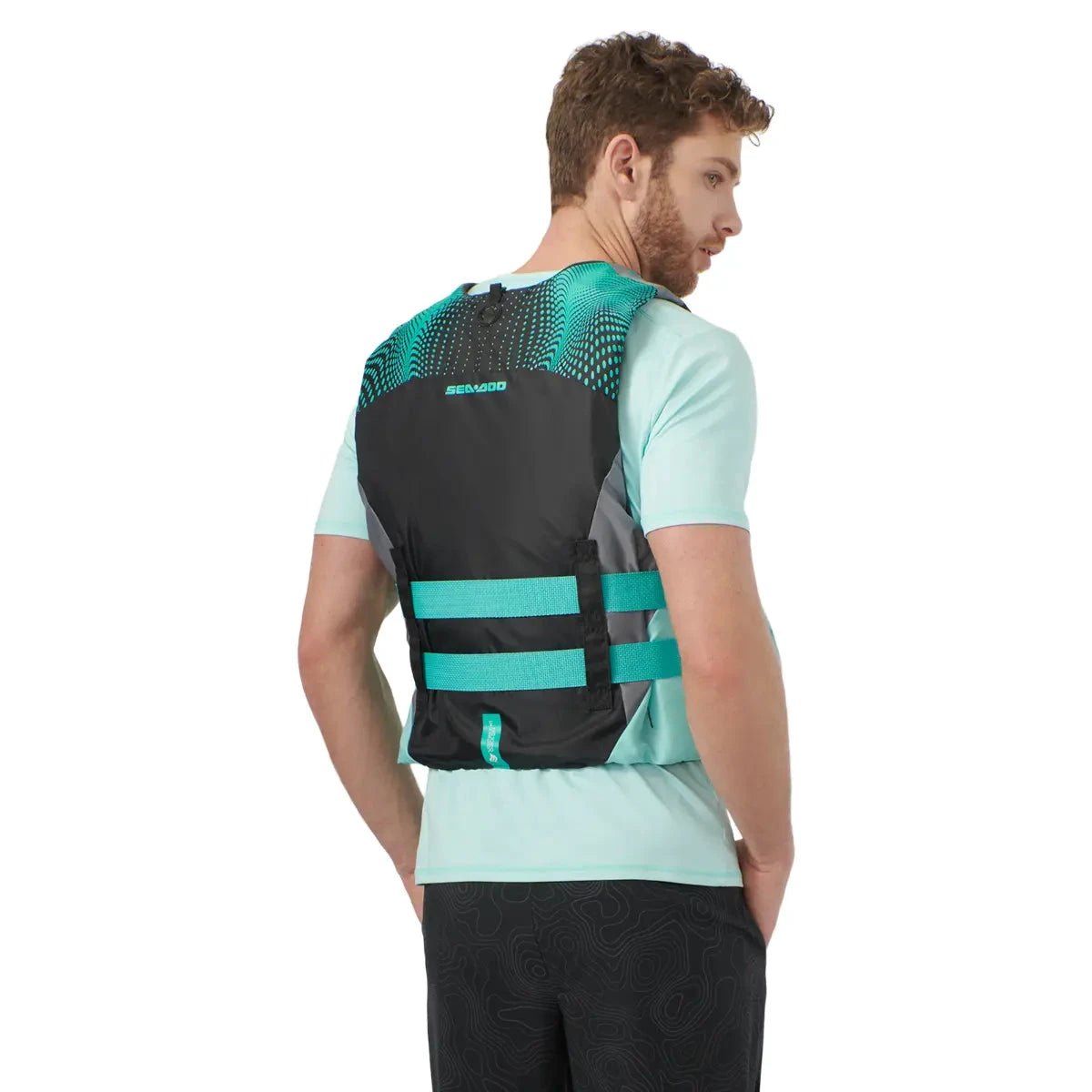 Sea-Doo Motion Life Jacket Aqua with turquoise straps and black back.