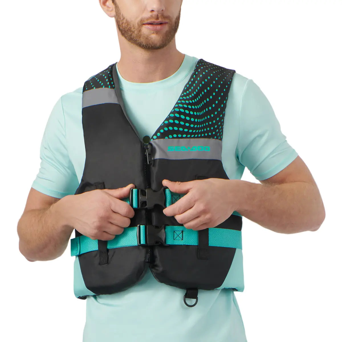 Sea-Doo Motion Life Jacket Aqua, BRP riding gear with black body, turquoise straps, and front buckles