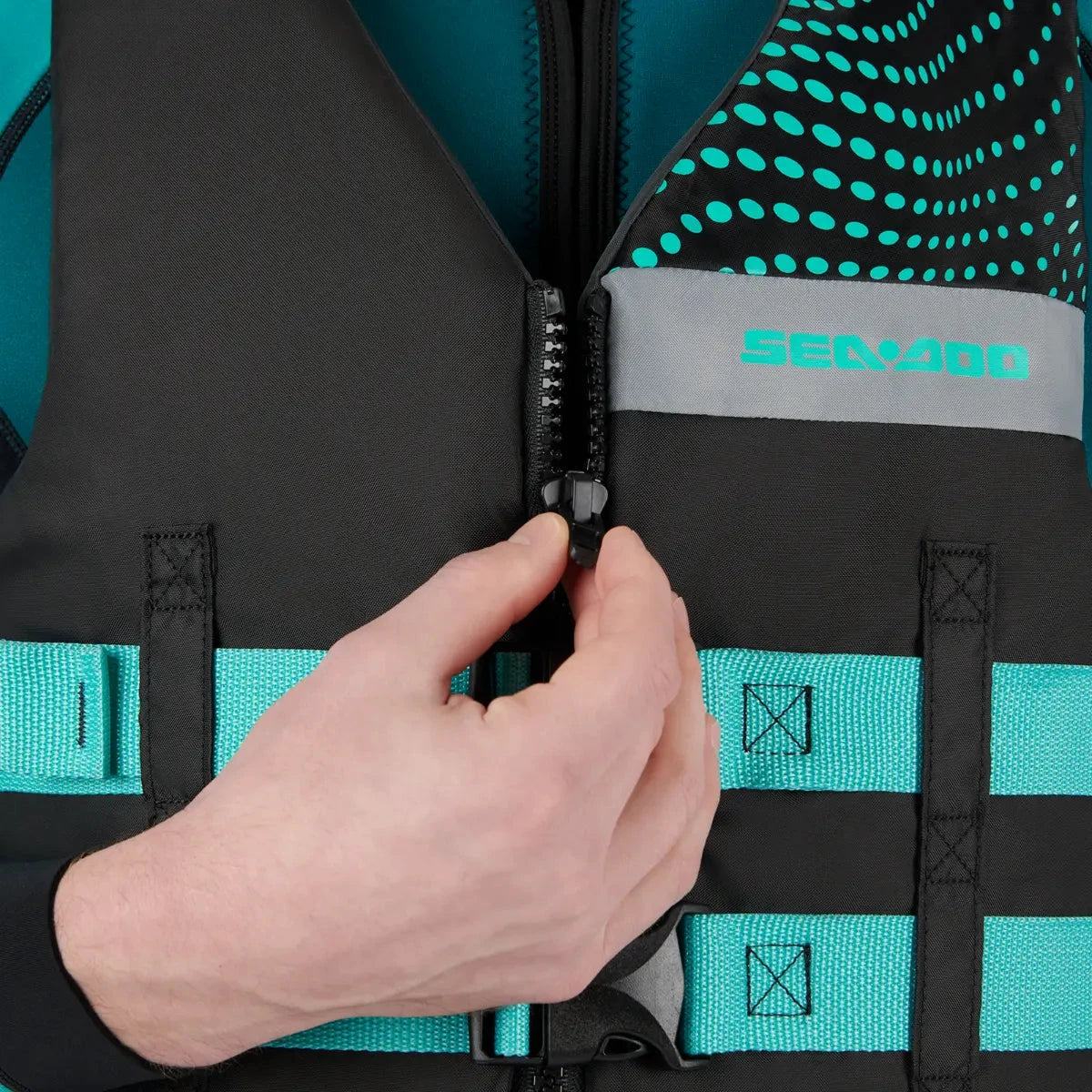 Sea-Doo Motion Life Jacket Aqua riding gear with turquoise straps and front zipper