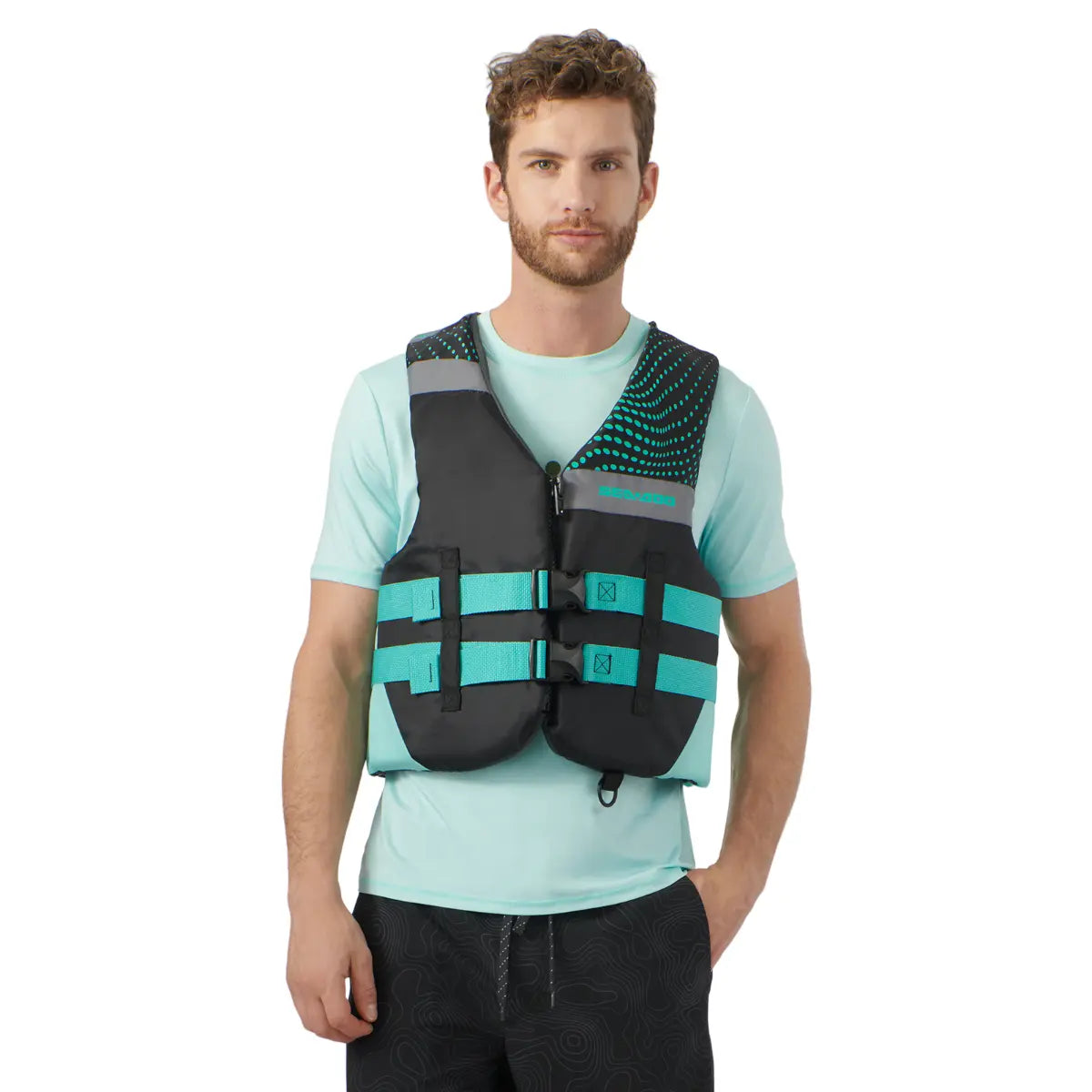 Sea-Doo Motion Life Jacket Aqua riding gear by BRP with teal straps and front buckles