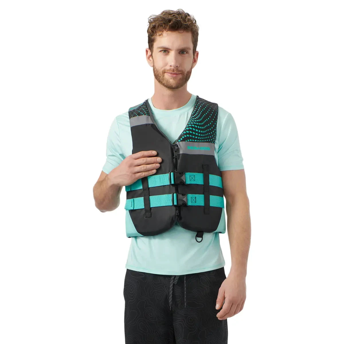 Sea-Doo Motion Life Jacket Aqua, teal straps on a black vest, BRP riding gear