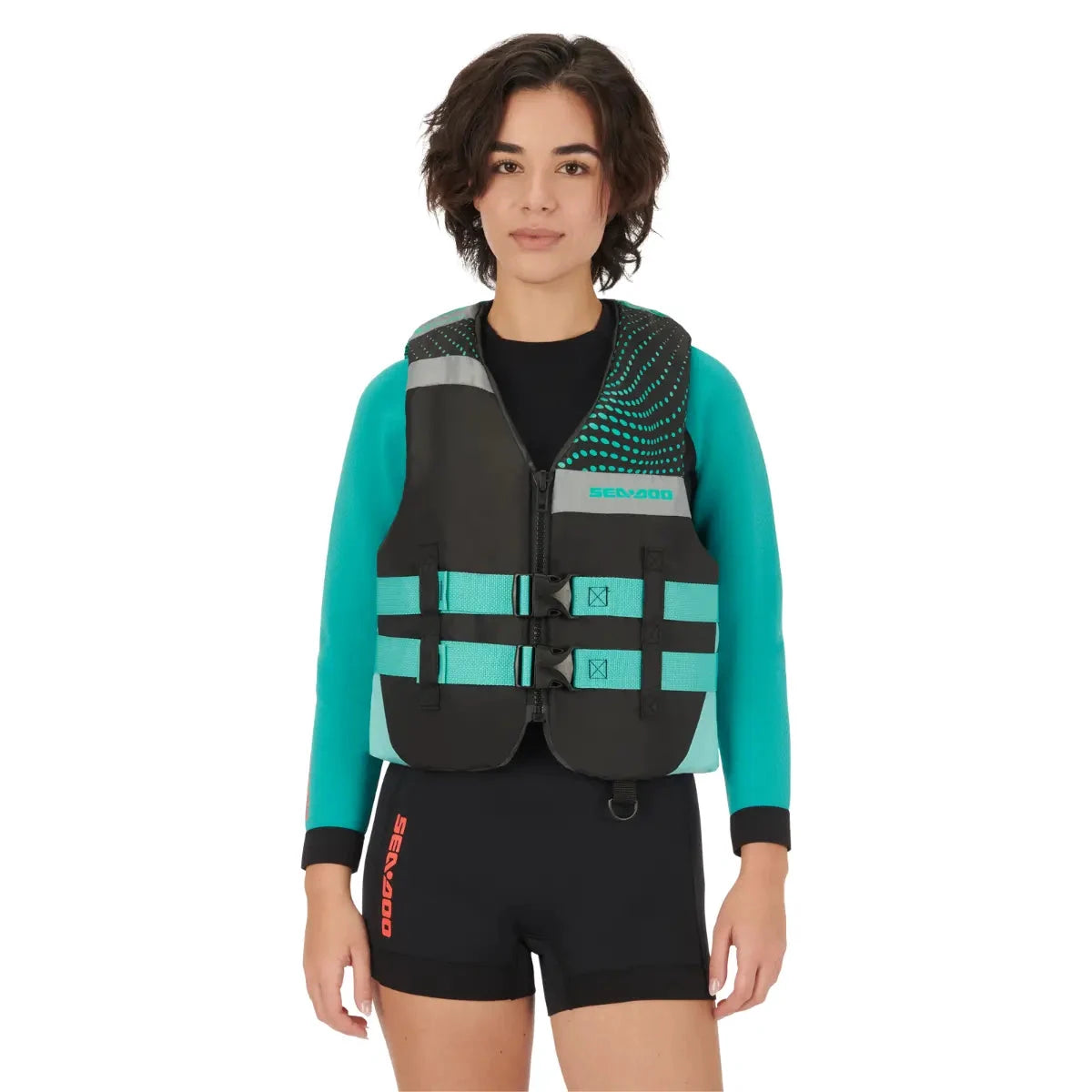 Sea-Doo Motion Life Jacket Aqua riding gear; teal and black life vest with turquoise straps