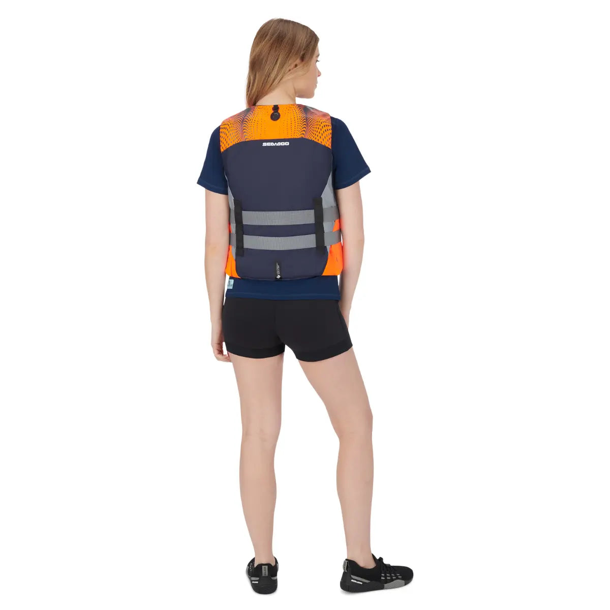 Sea-Doo Motion PFD Life Jacket in orange and navy with grey straps