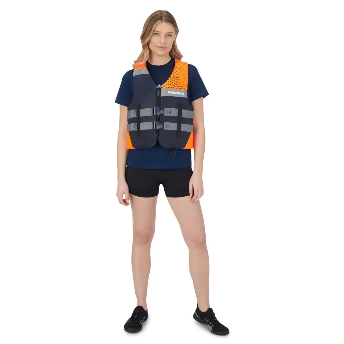 Sea-Doo Motion life jacket PFD in orange and navy with gray adjustable straps.