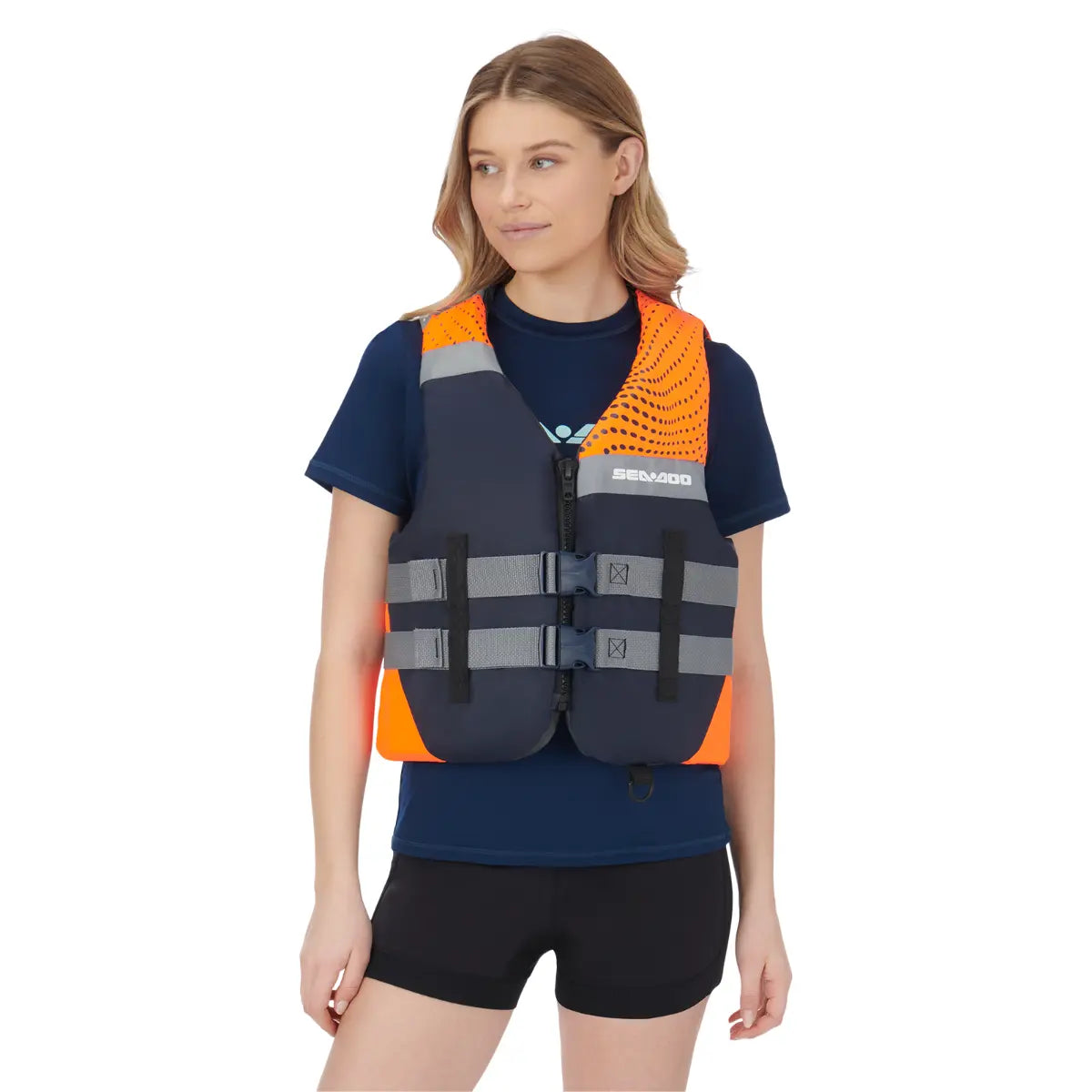 Sea-Doo Motion Life Jacket PFD, navy with orange panels and gray straps, Sea-Doo logo