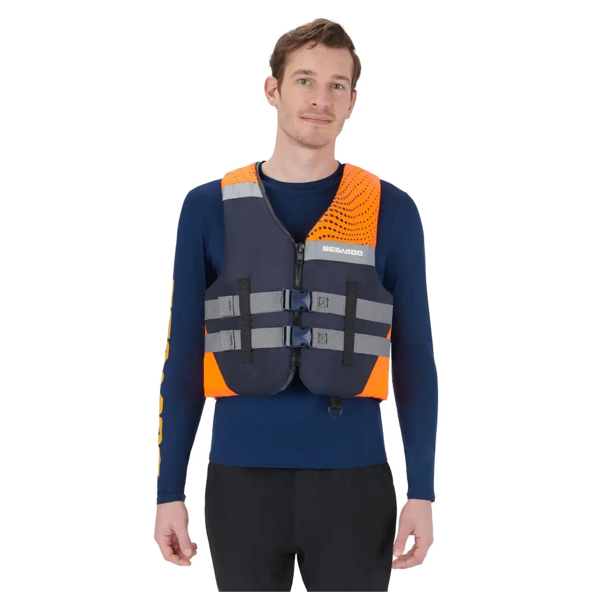 Sea-Doo Motion PFD life jacket orange with gray straps and front buckle closures