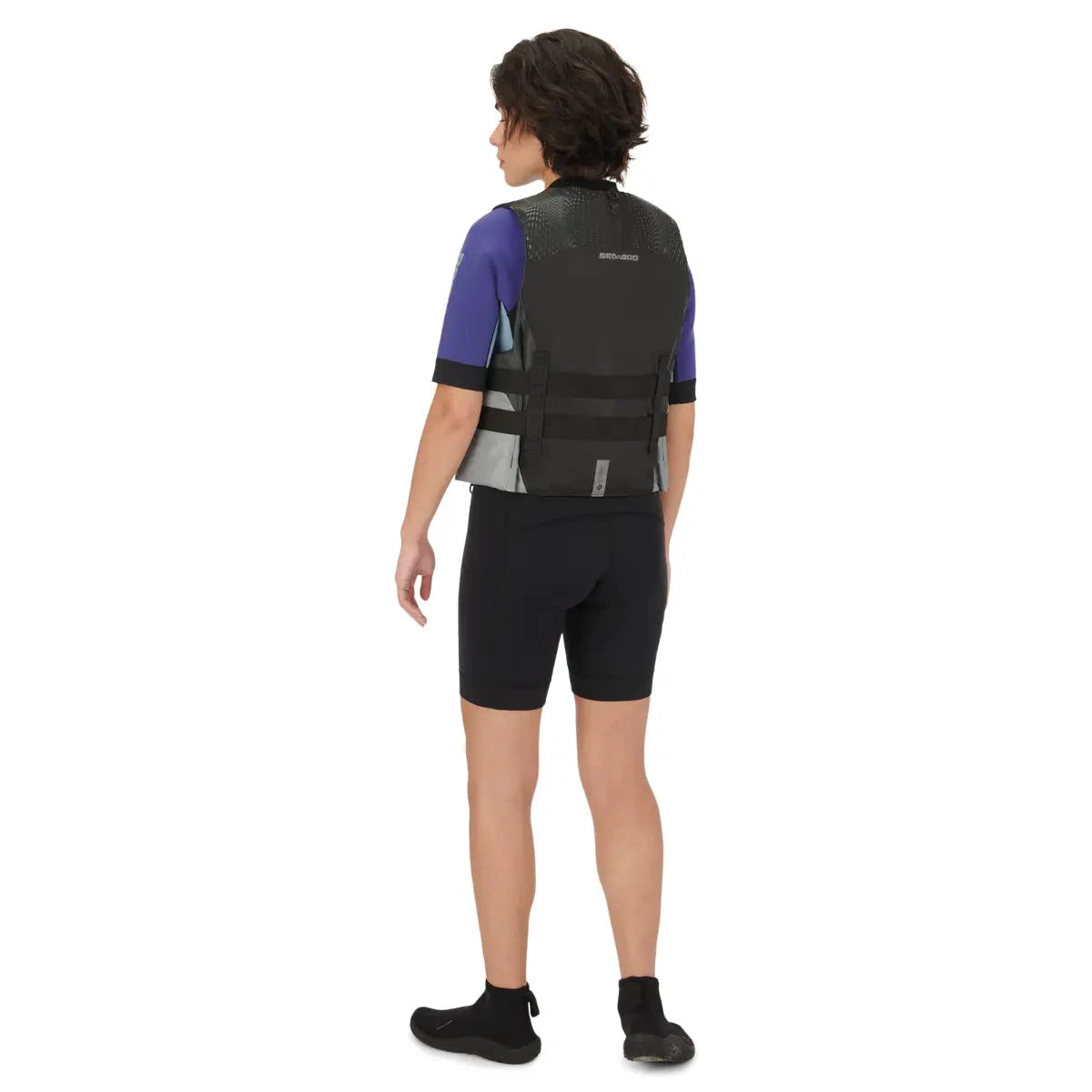 Sea-Doo Motion Life Jacket PFD, black with mesh back and adjustable straps.