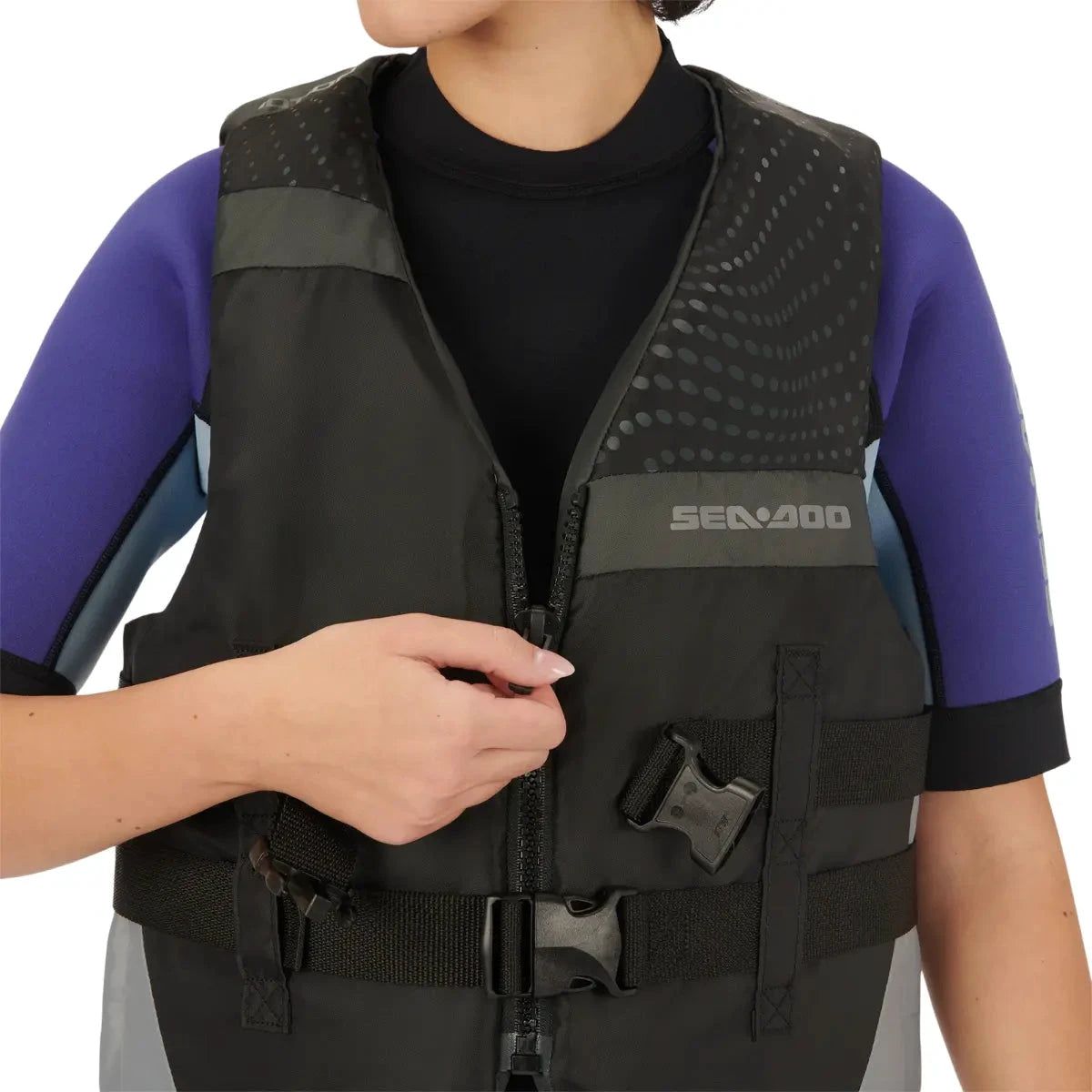 Sea-Doo Motion life jacket black PFD with front zipper and adjustable waist belt, Sea-Doo logo visible