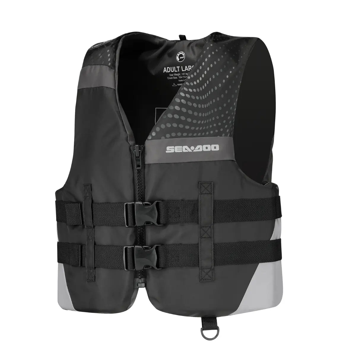 Sea-Doo Motion Life Jacket in black with adjustable straps and front zipper