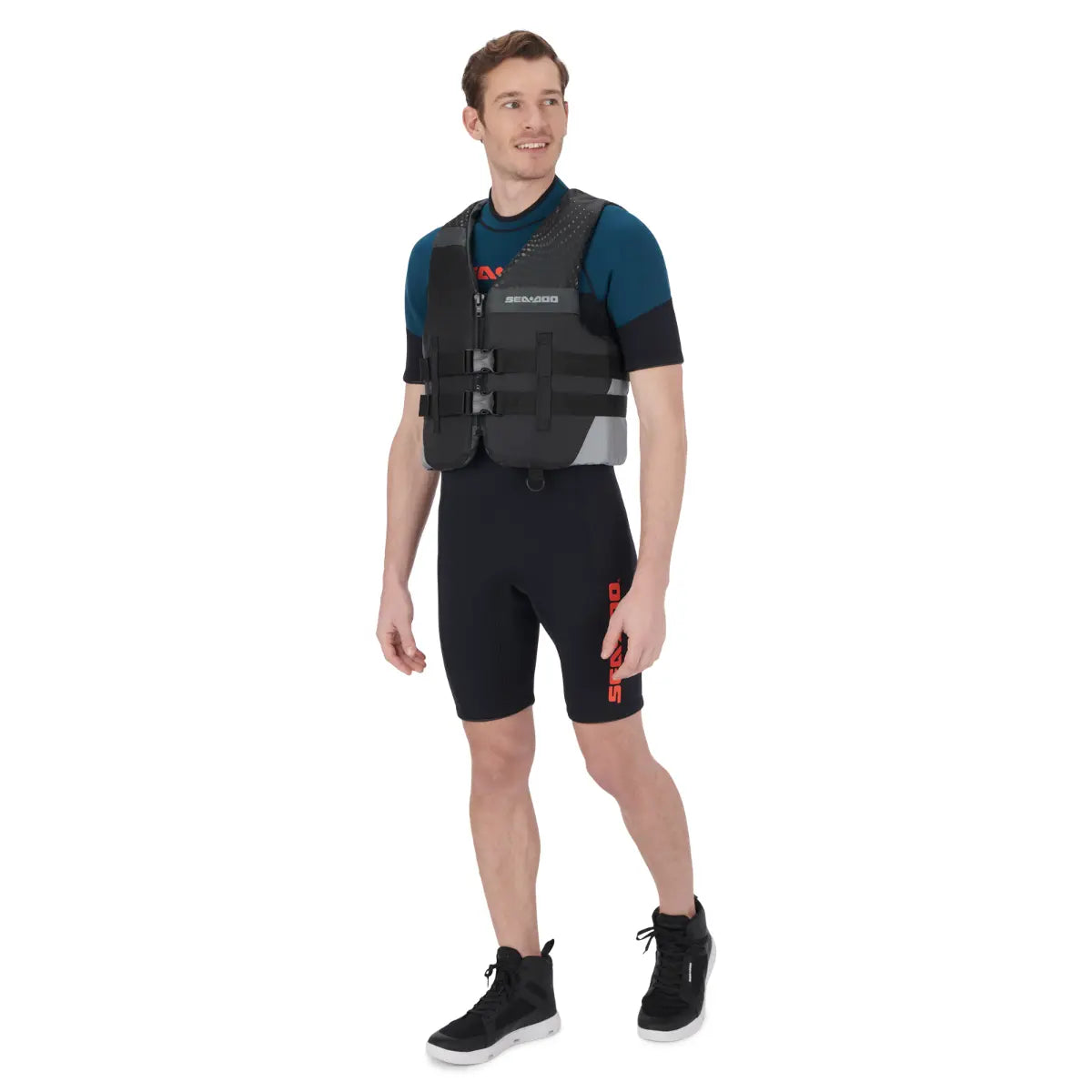 Sea-Doo Motion PFD Life Jacket, black with gray panels and front buckles