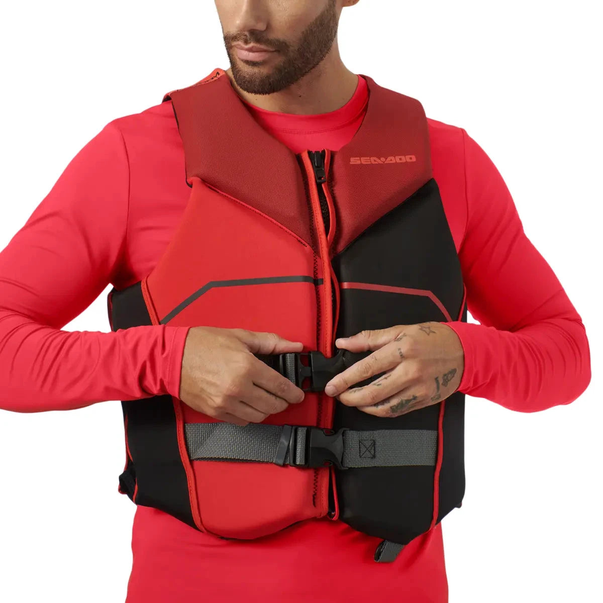 Sea-Doo Freedom PFD Lava Red life jacket with front zipper and dual waist buckles