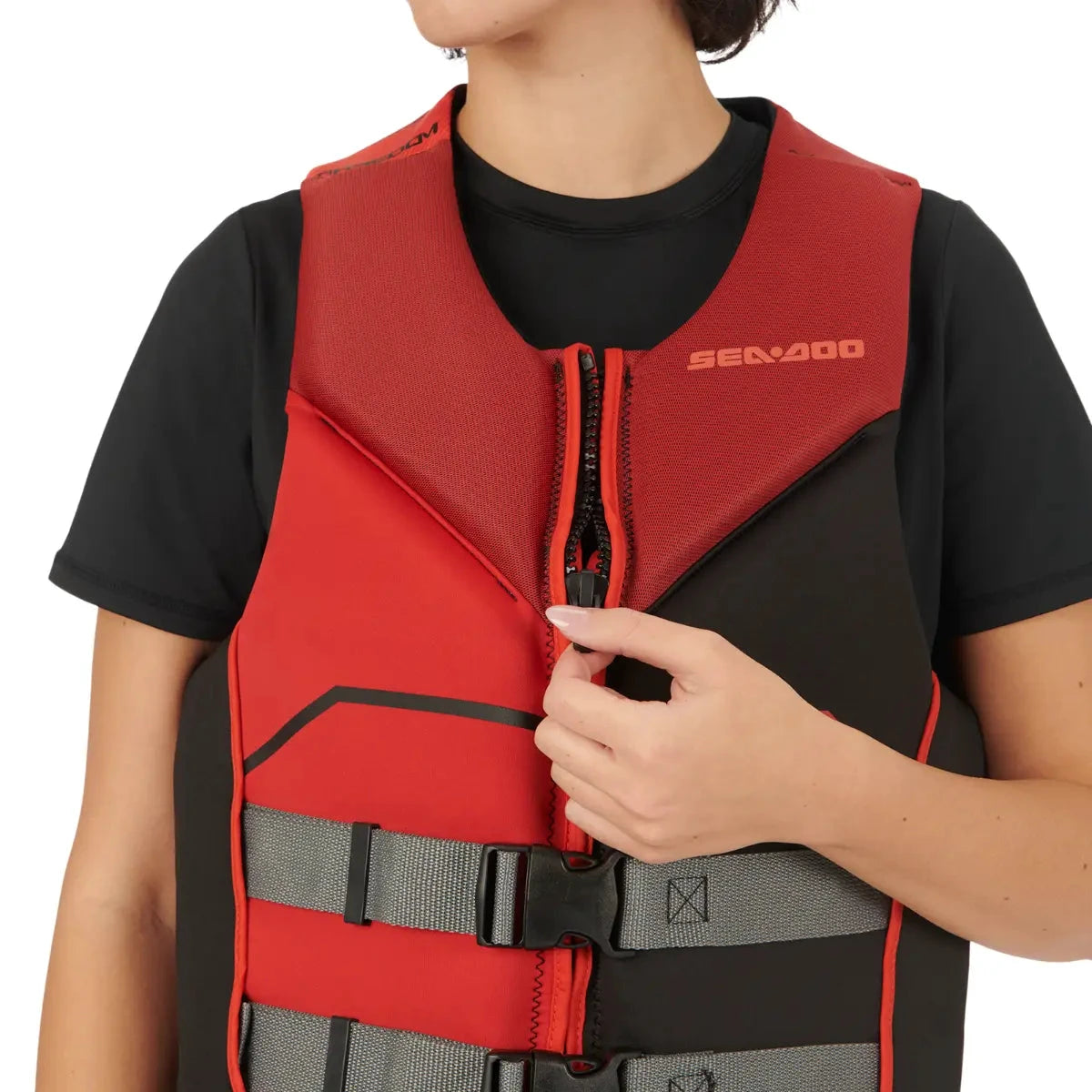 Sea-Doo Freedom PFD Lava Red life jacket with gray adjustable straps and front zipper