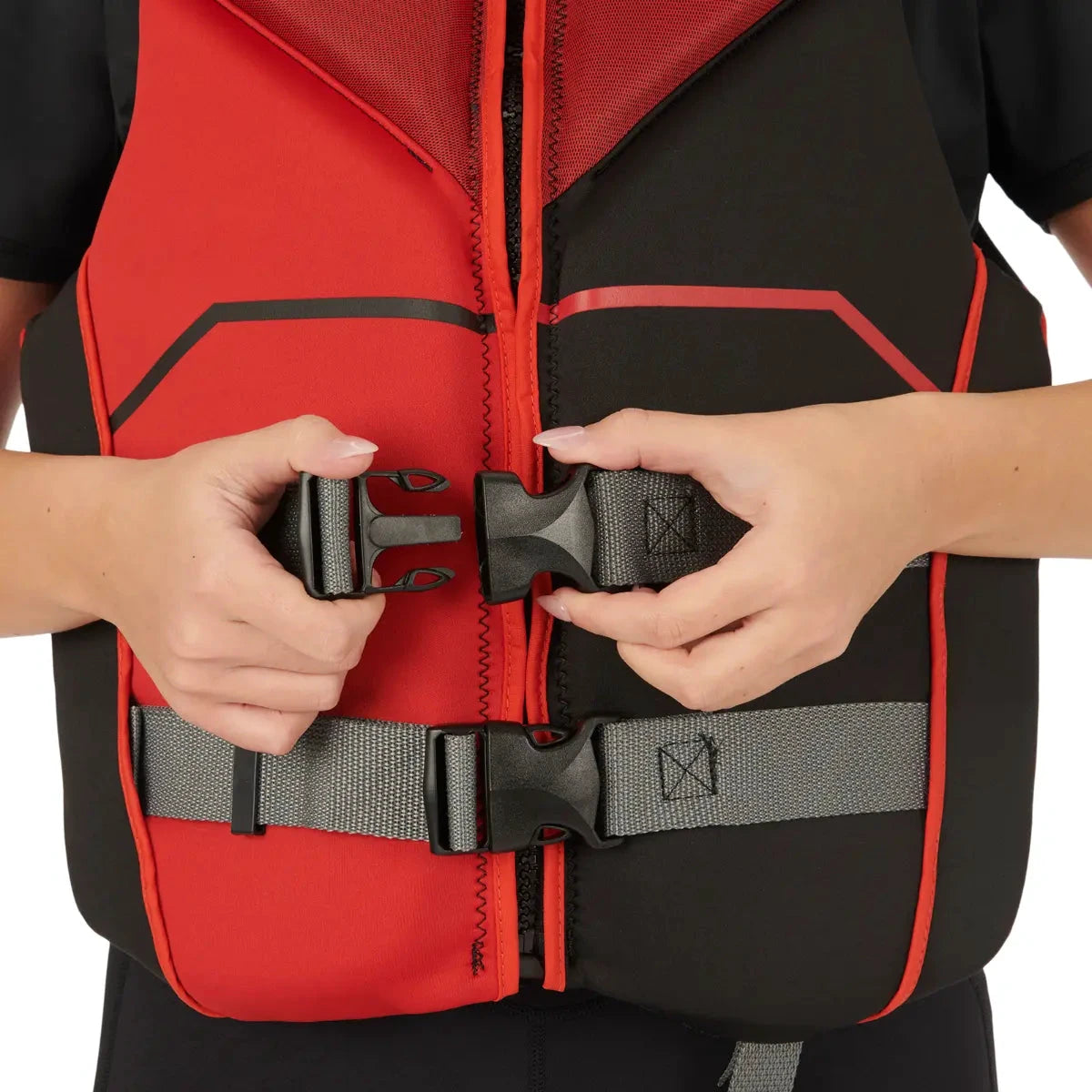 Sea-Doo Freedom PFD Lava Red life jacket with black panels and quick-release buckle