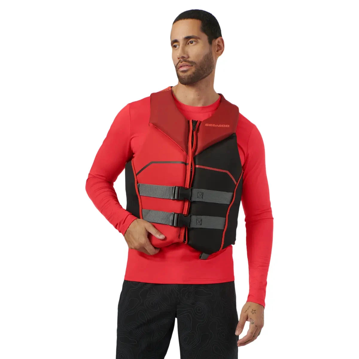 Sea-Doo Freedom PFD lava red life jacket with black panels and gray adjustable straps